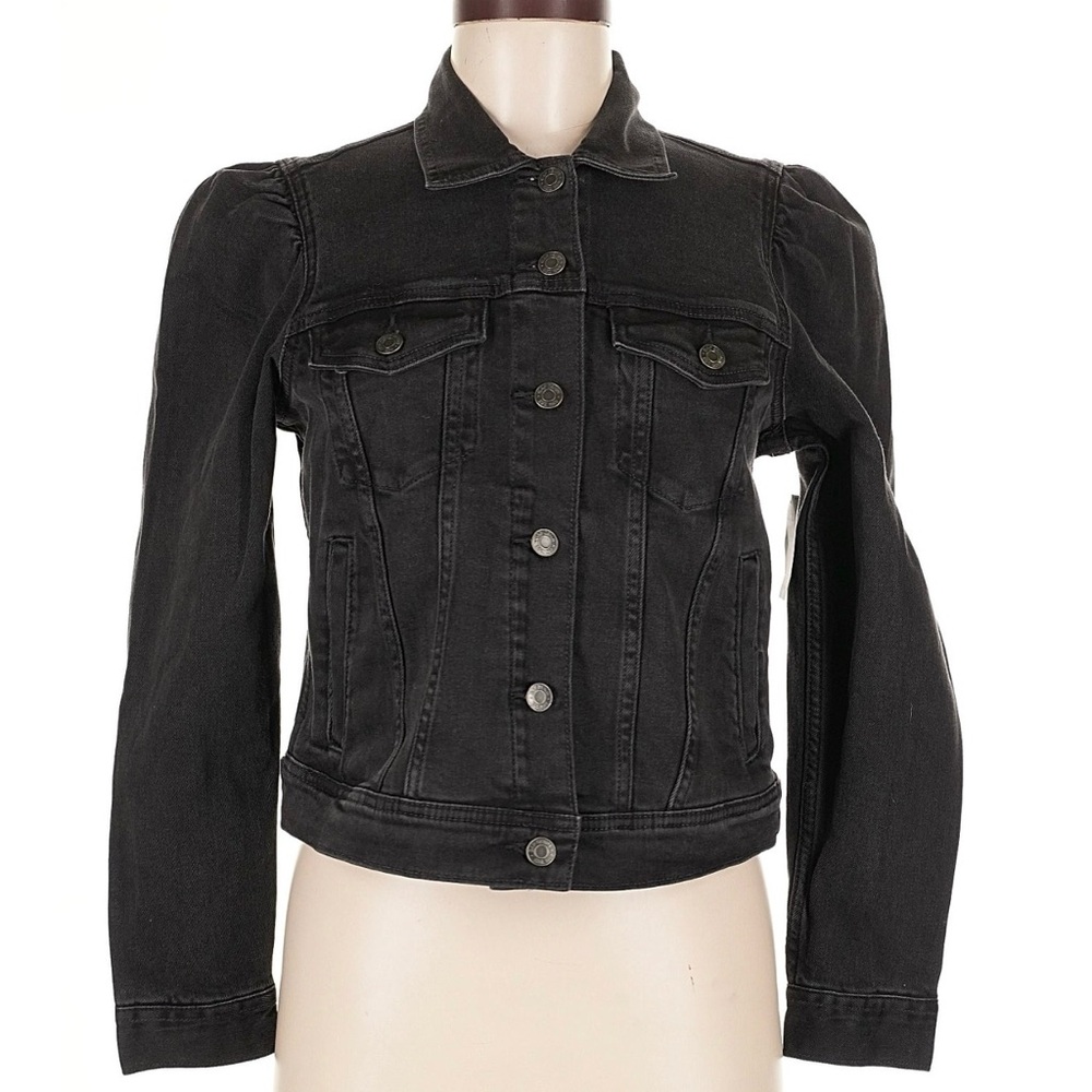 GAP Charcoal Button-Up Denim Jean Jacket with Puff Sleeves